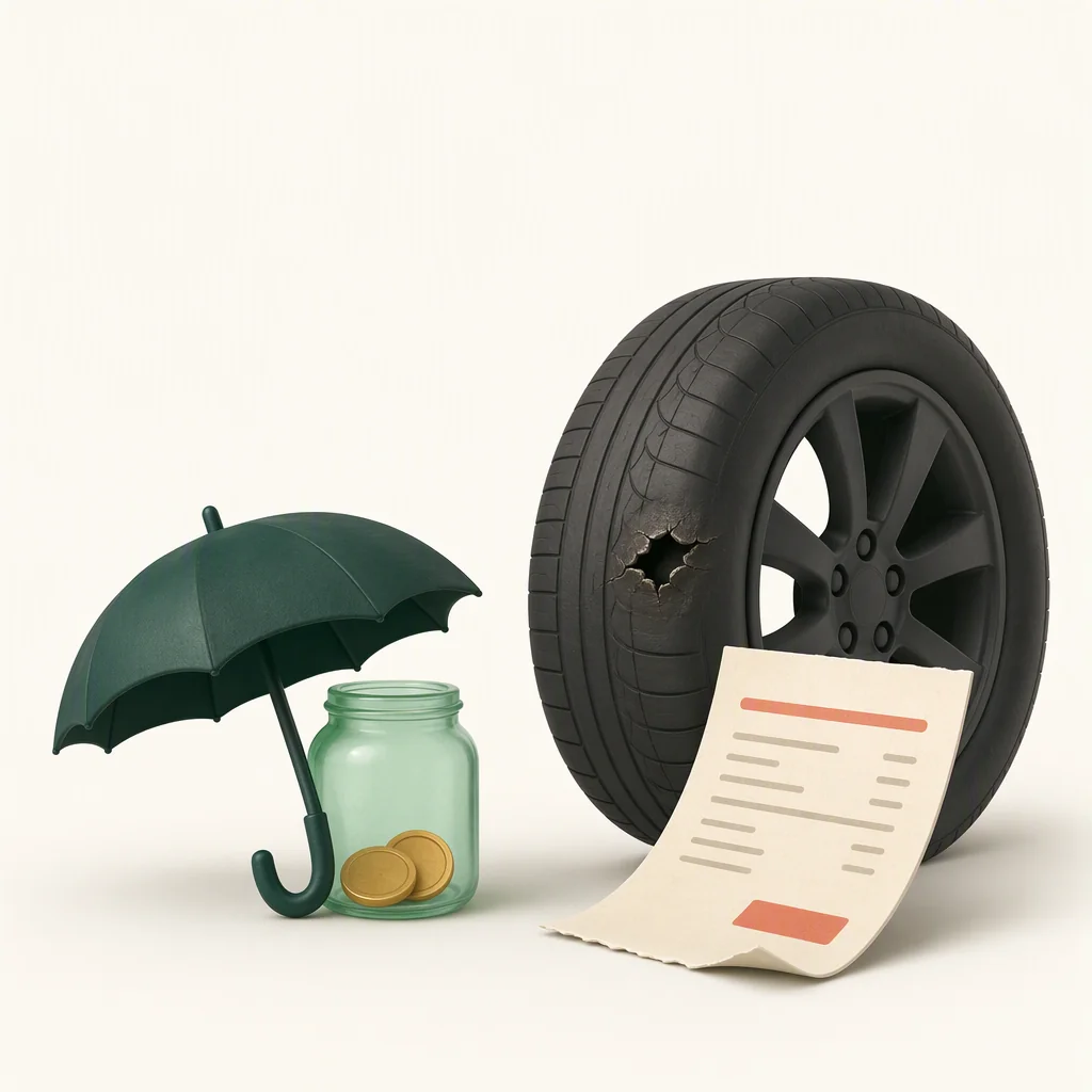 A small emergency savings jar facing a costly punctured tire and repair bill.