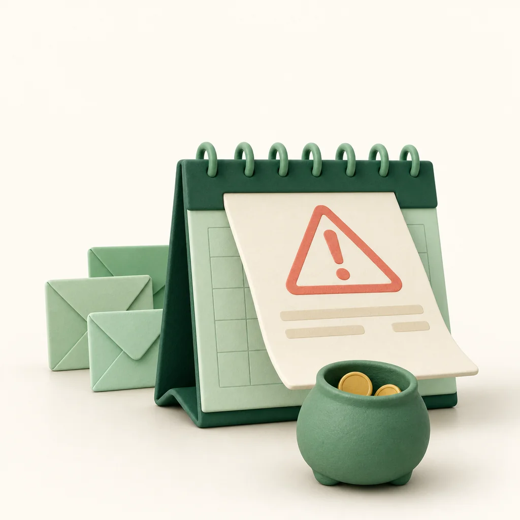 A large unexpected bill emerging from a calendar above a small savings pot.