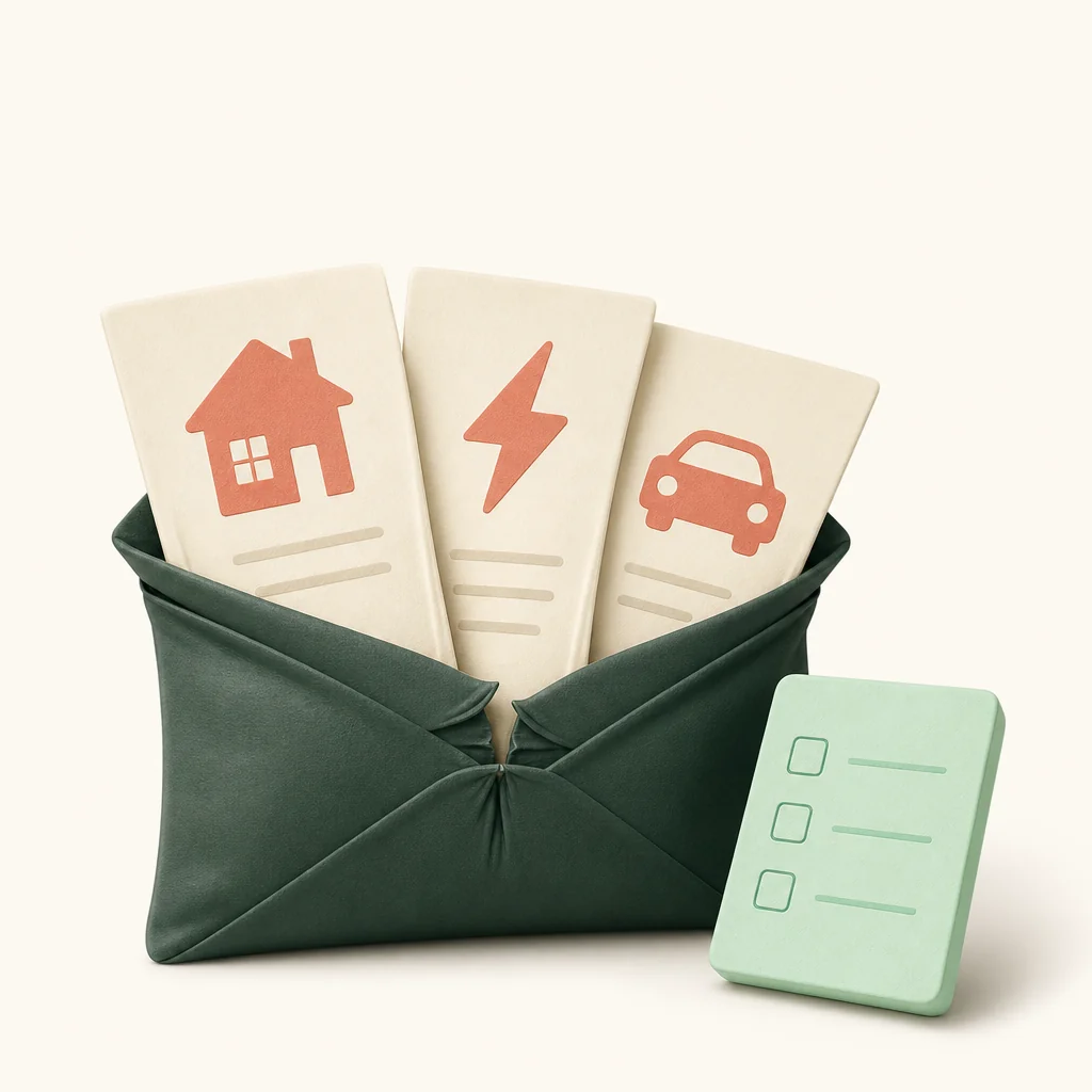 Household, electricity and car bills overflowing an envelope that is too small.