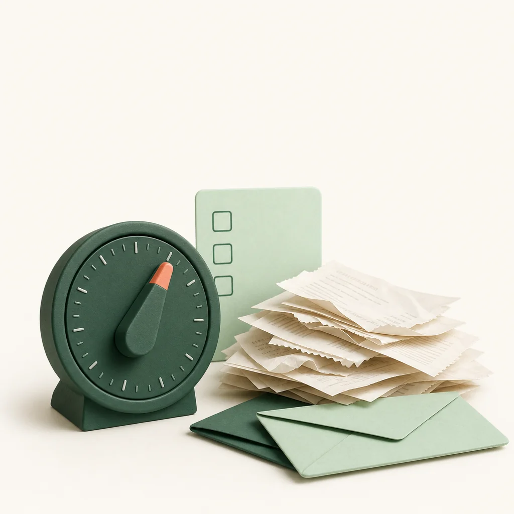 A timer next to a small pile of receipts and unopened bills.